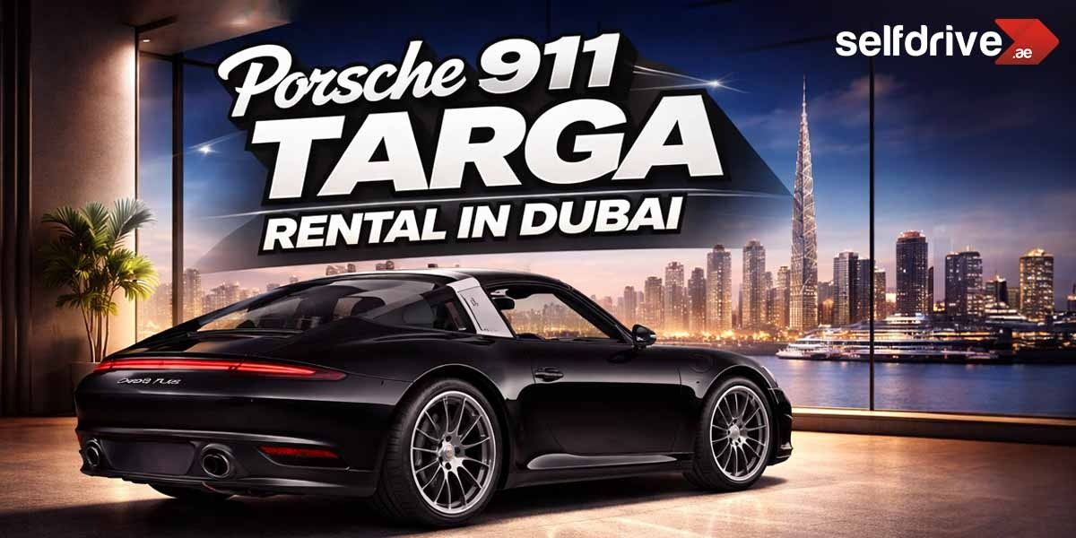 Black Porsche 911 Targa parked indoors with Dubai skyline at night. Bold text reads, "Porsche 911 Targa Rental in Dubai." Sophisticated ambiance.